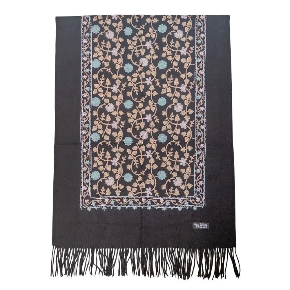 100% Cashmere Embroidered Shawl Wrap Scarf Black Floral Fringe Large